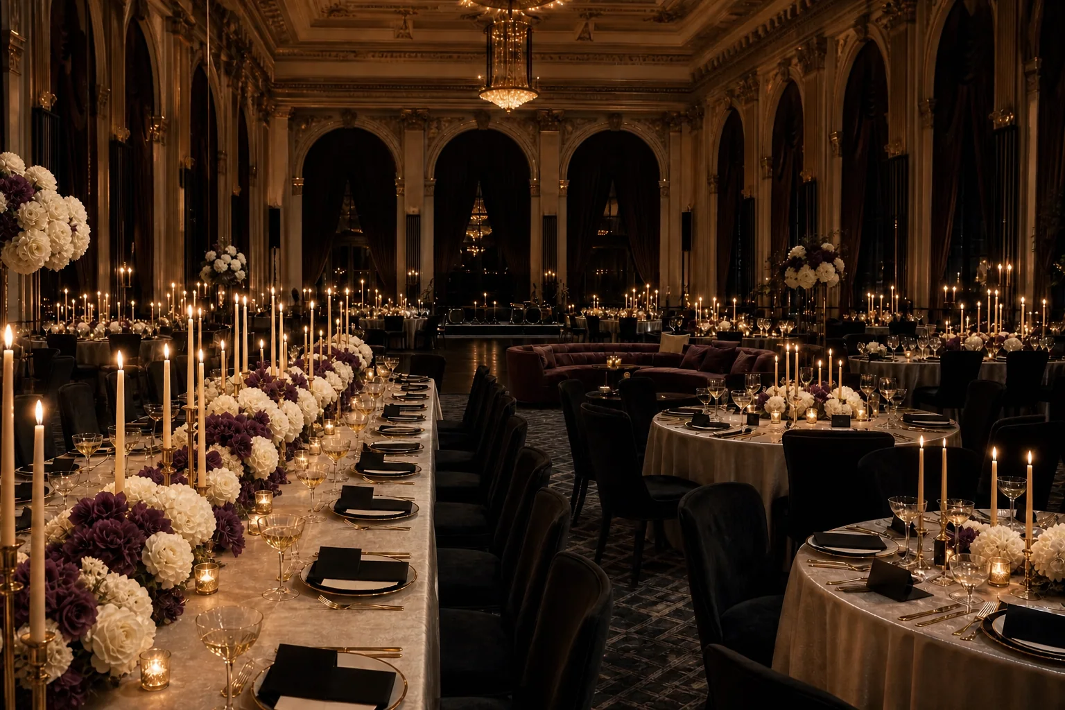 Black-tie wedding reception in a candlelit historic ballroom