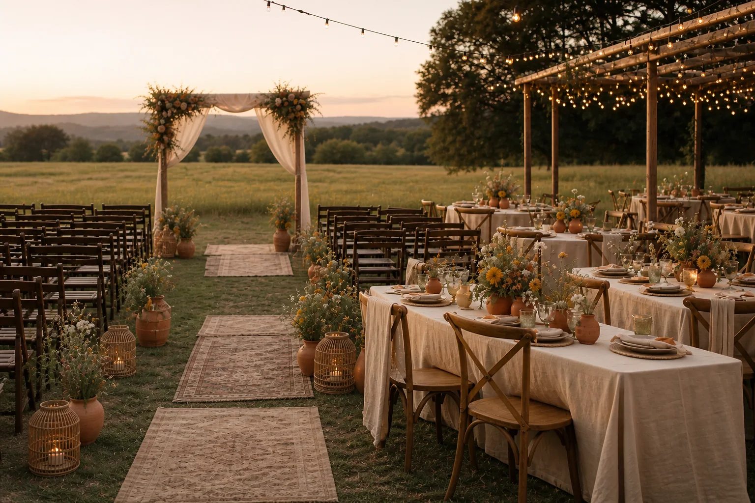 Boho meadow wedding ceremony and reception at golden hour