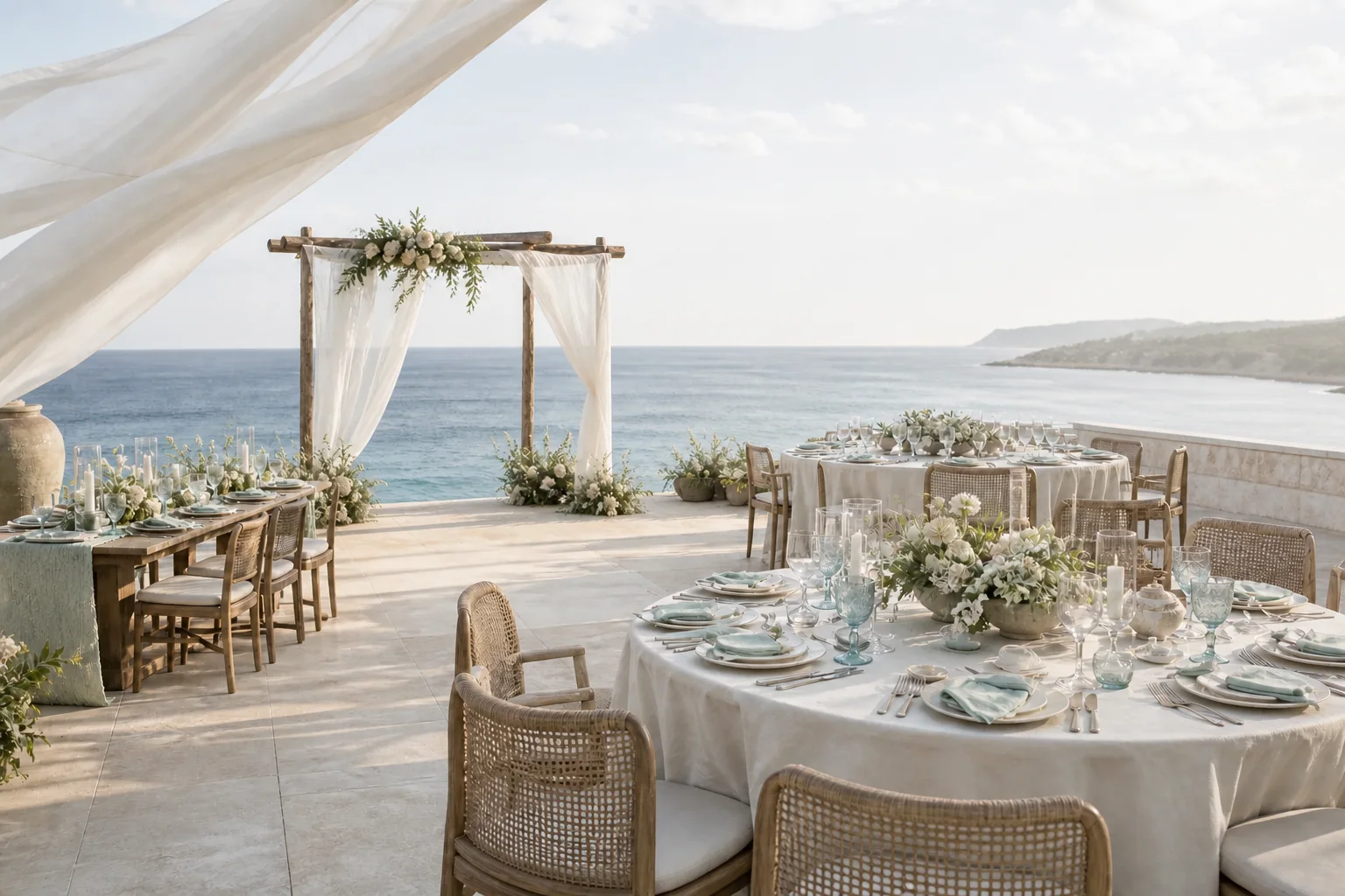 Airy coastal wedding reception on a seaside terrace