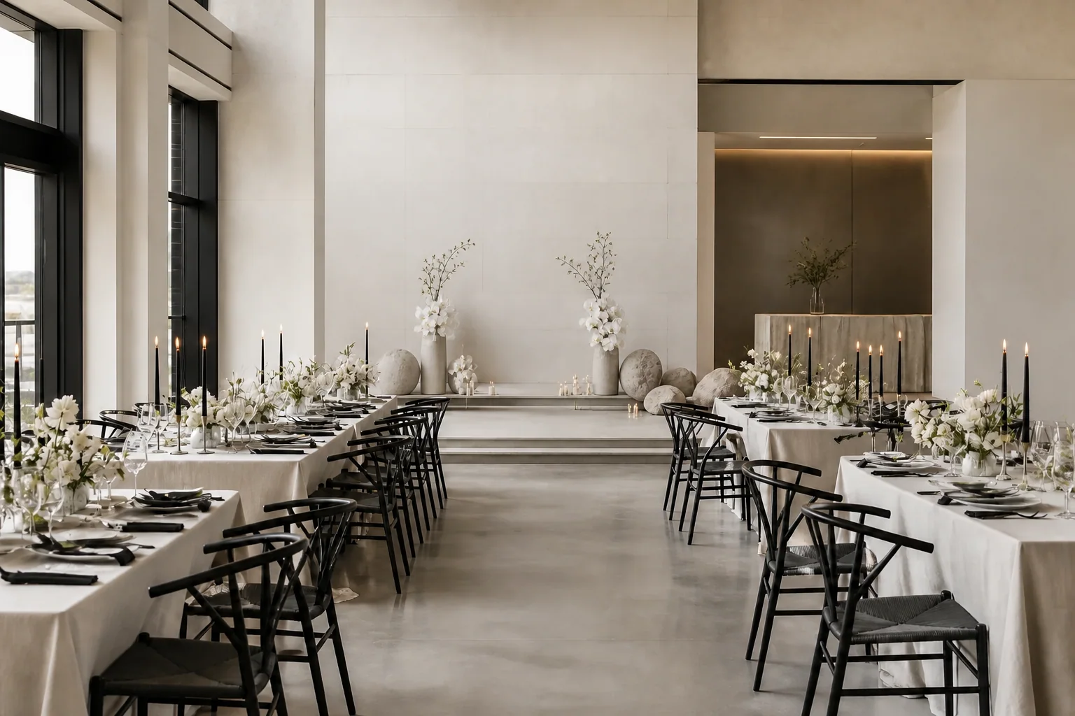 Modern minimal wedding ceremony in a bright architectural venue