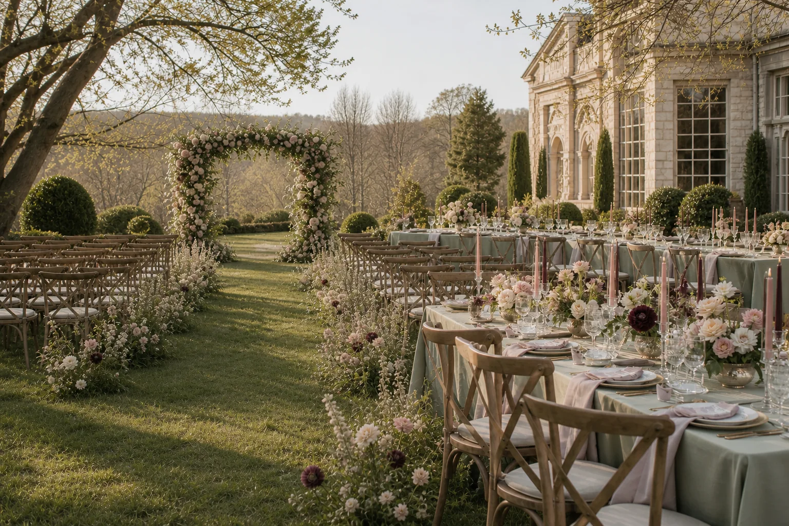 Romantic garden wedding ceremony and reception at a sunlit estate