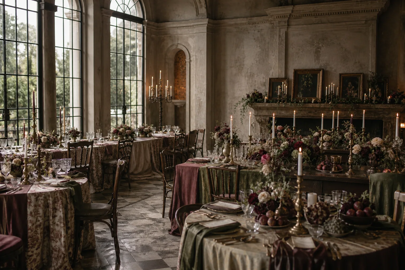 Vintage editorial wedding reception in an old-world estate hall